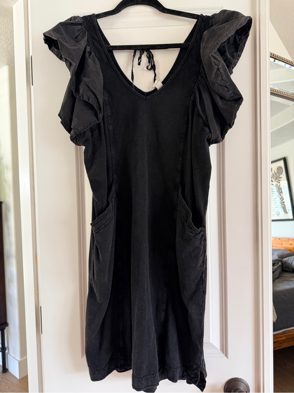 Women's Black Midi Dress with Ruffle Sleeves. Anthro Daily Practice, pockets